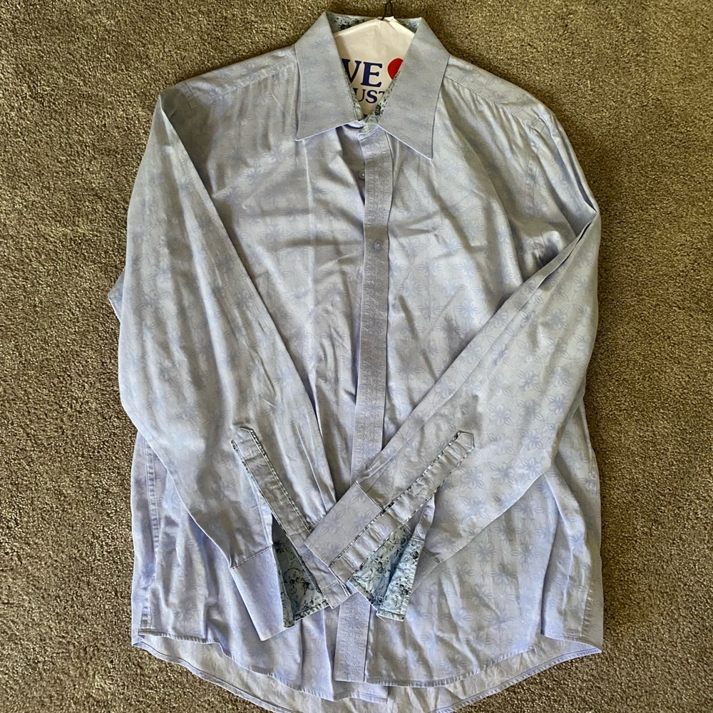 7 DIAMONDS Floral Print Detail Stretch Light Blue Button Down Up Dress Shirt XL